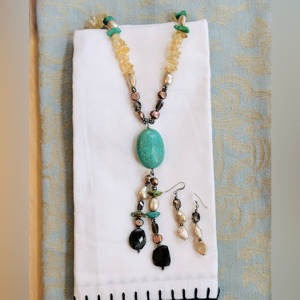 Silver, Turquoise, Pearl and Crystal Beaded Necklace Set